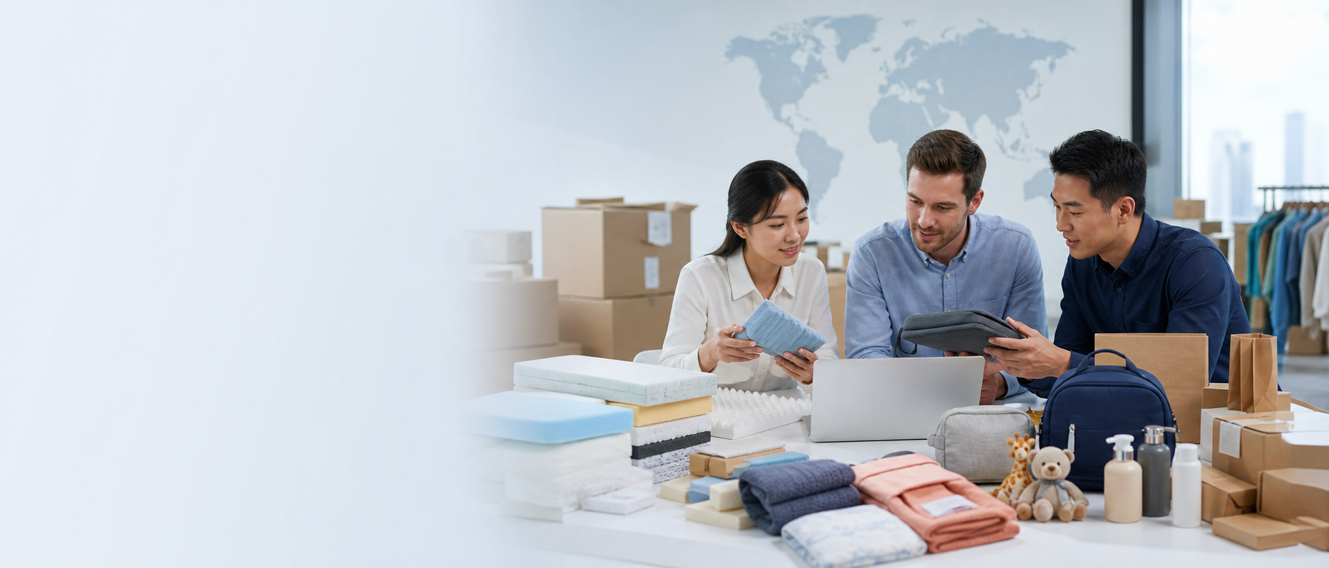 Product sourcing samples and export cartons ready for shipment
