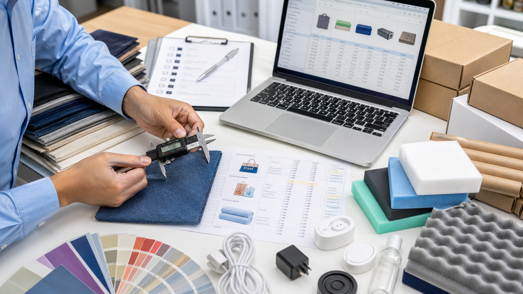 China sourcing agent inspecting product samples and comparing supplier quotations
